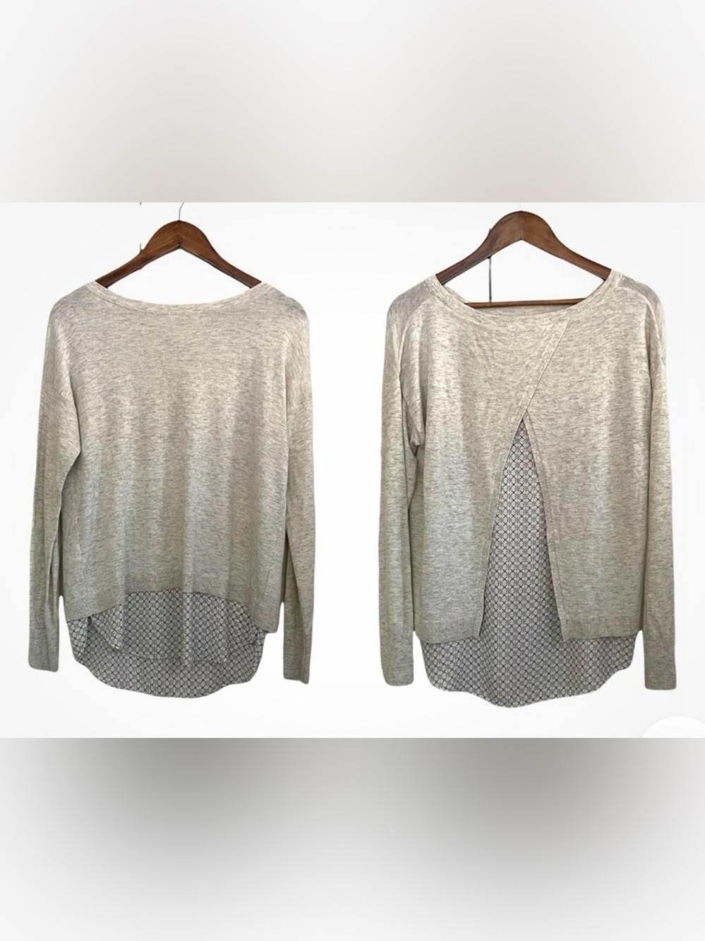 EUC LOFT Gray Wool Blend Pullover with Faux Layer Petite Cute Back Details